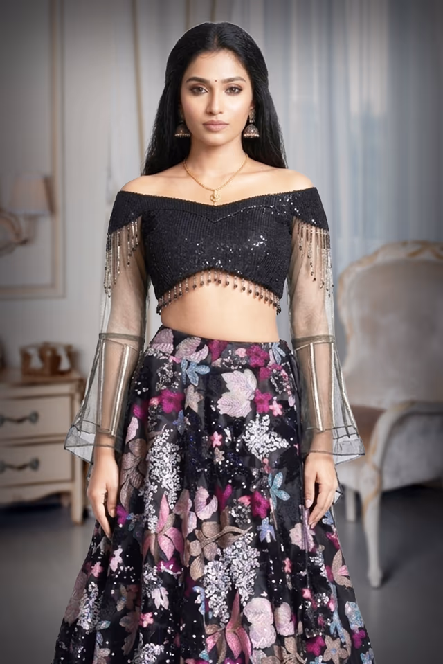 Black Pre Wedding Lehenga With Floral Embellishment All over the Skirt — rent in Kochi