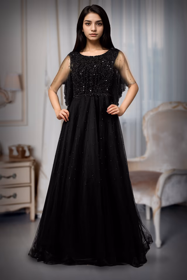 Netted black gown — back view, rent in Bangalore
