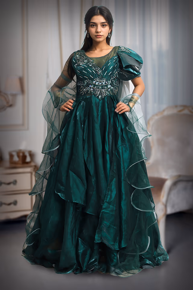 Peacock Green Frilled Gown With Heavy Embellished Front Yoke And Frills On Left Sleeve — back view, rent in Kochi