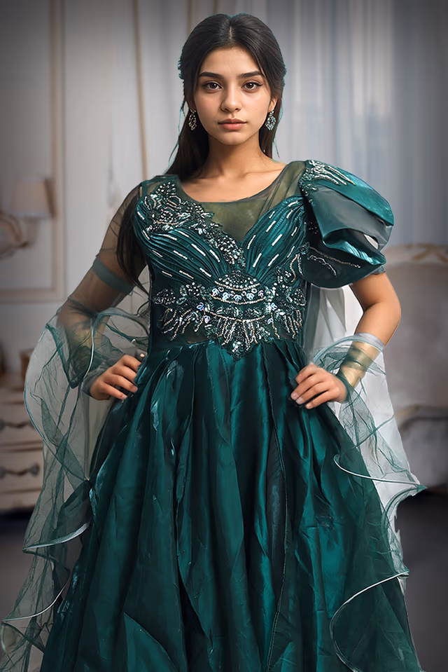 Peacock Green Frilled Gown With Heavy Embellished Front Yoke And Frills On Left Sleeve — rent in Kochi