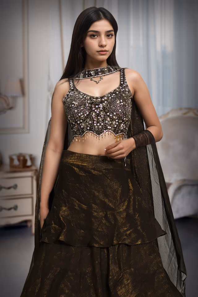 Pine Green Multilayered Pre Wedding Lehenga With Same Color Dupatta — rent in Kochi