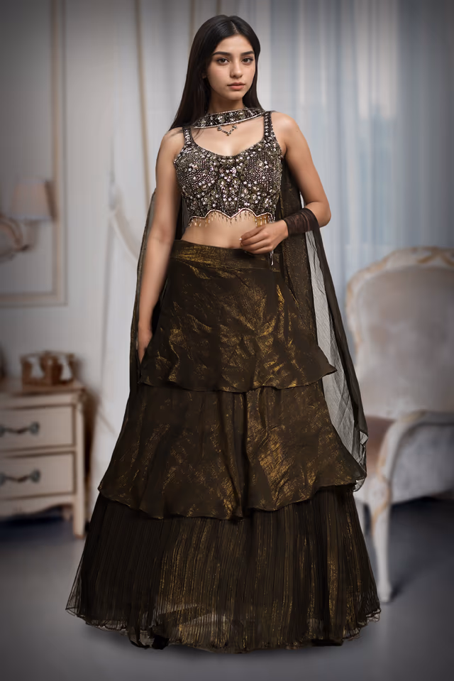 Pine Green Multilayered Pre Wedding Lehenga With Same Color Dupatta — back view, rent in Kochi