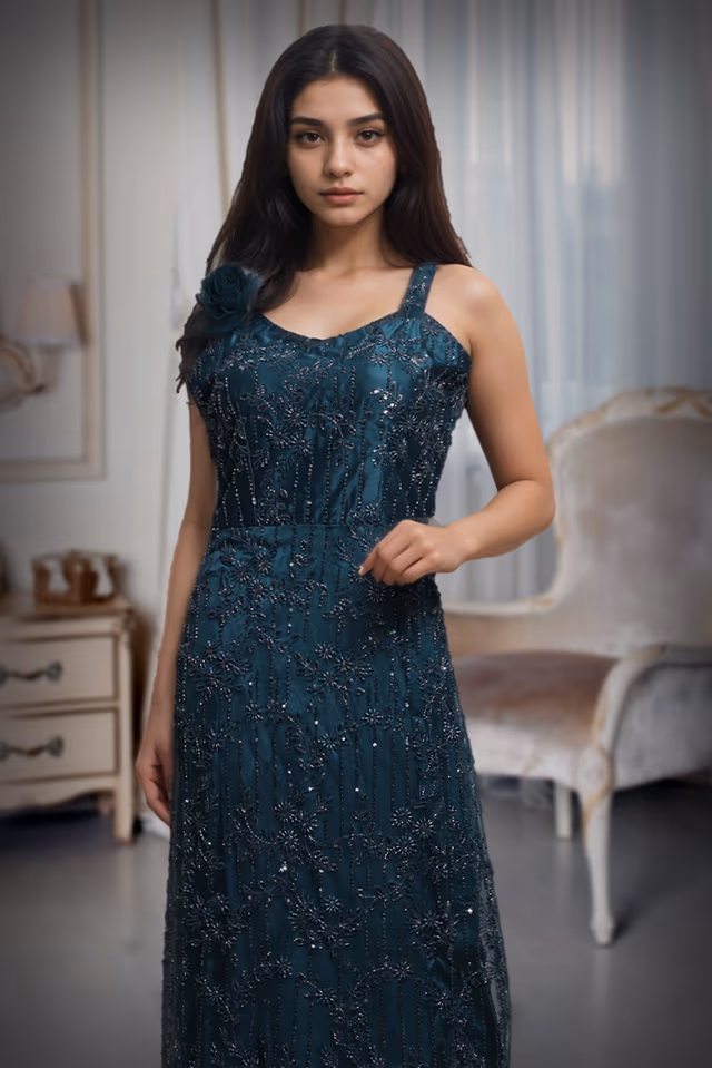 Teal Blue Intricate Sequin Detailed Mermaid Cut Pre Wedding Gown — rent in Coimbatore