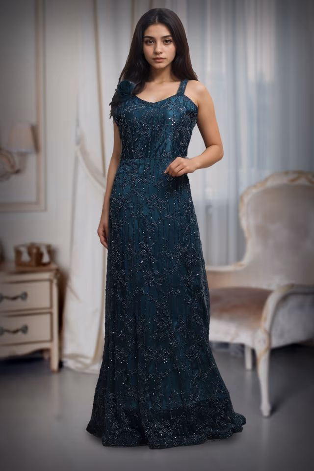 Teal Blue Intricate Sequin Detailed Mermaid Cut Pre Wedding Gown — back view, rent in Coimbatore