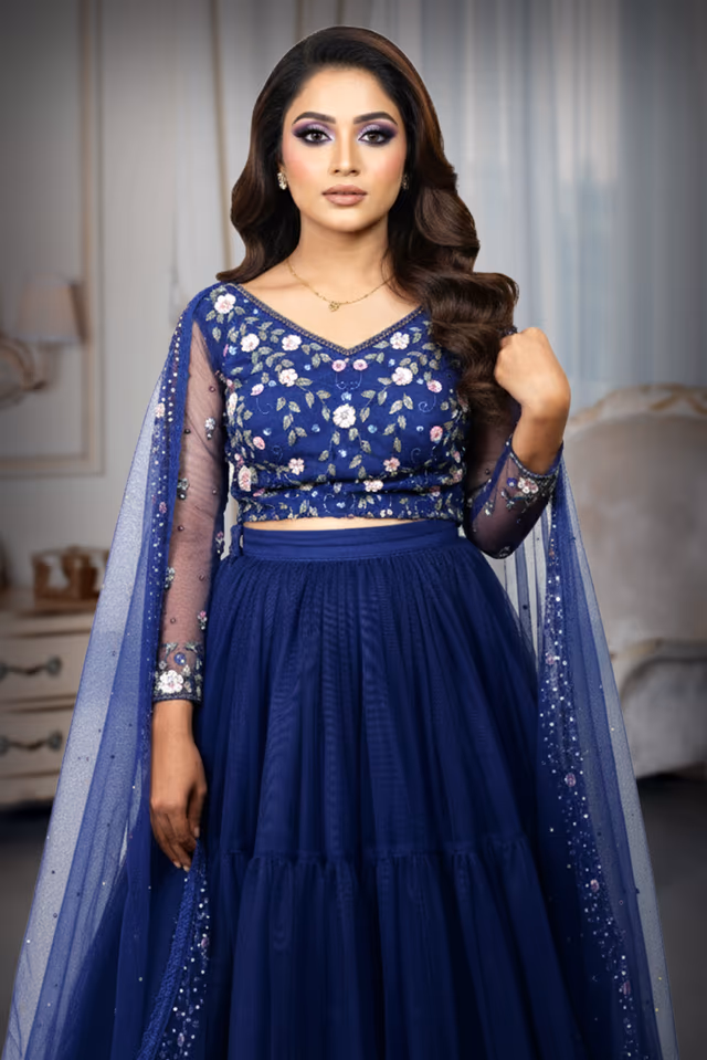 Stunning Tiered Royal Blue Tulle Lehenga Skirt And Embroidered Blouse With Matching Sheer Dupatta Perfect… — rent in Calicut