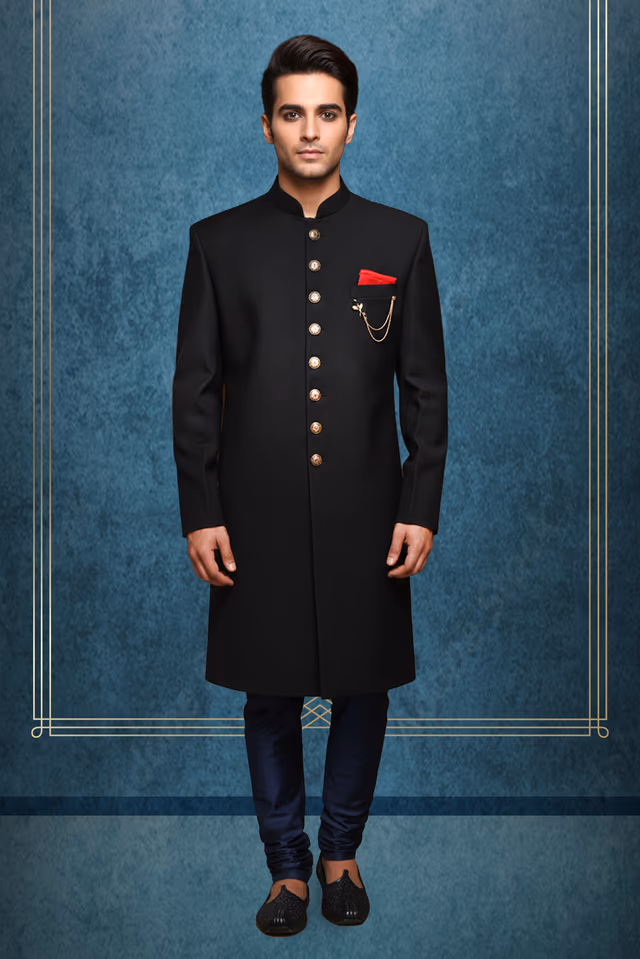 Elegant Plain Long Sherwani with Worked Golden Buttons and Pocket Square — rent in Bangalore