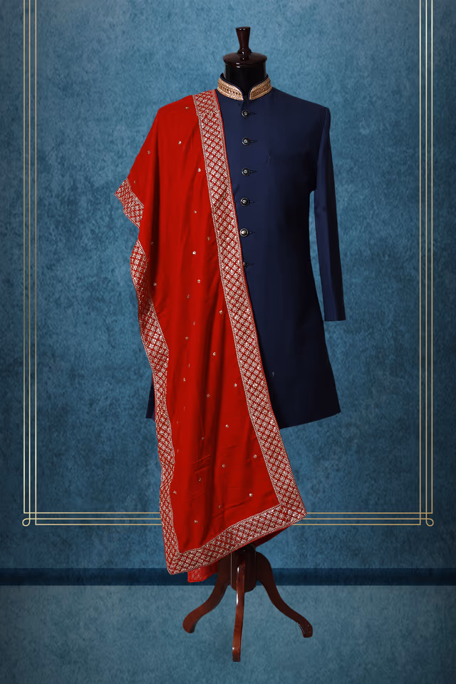 Saffron Red Elegant Grooms Sherwani With Golden Border Details — rent in Coimbatore