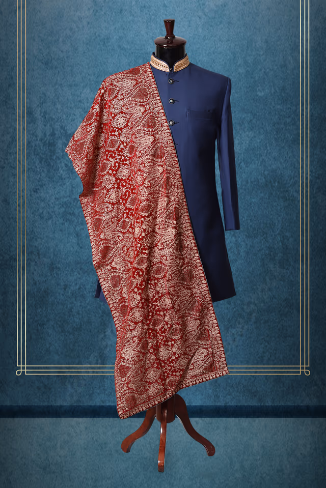 Saffron Red Elegant Grooms Sherwani With Golden Threadwork Details — rent in Coimbatore