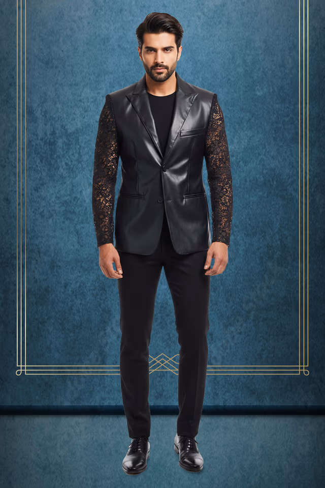 Solid Black  Leather Jacket With Cutwork Sleeves — rent in Coimbatore