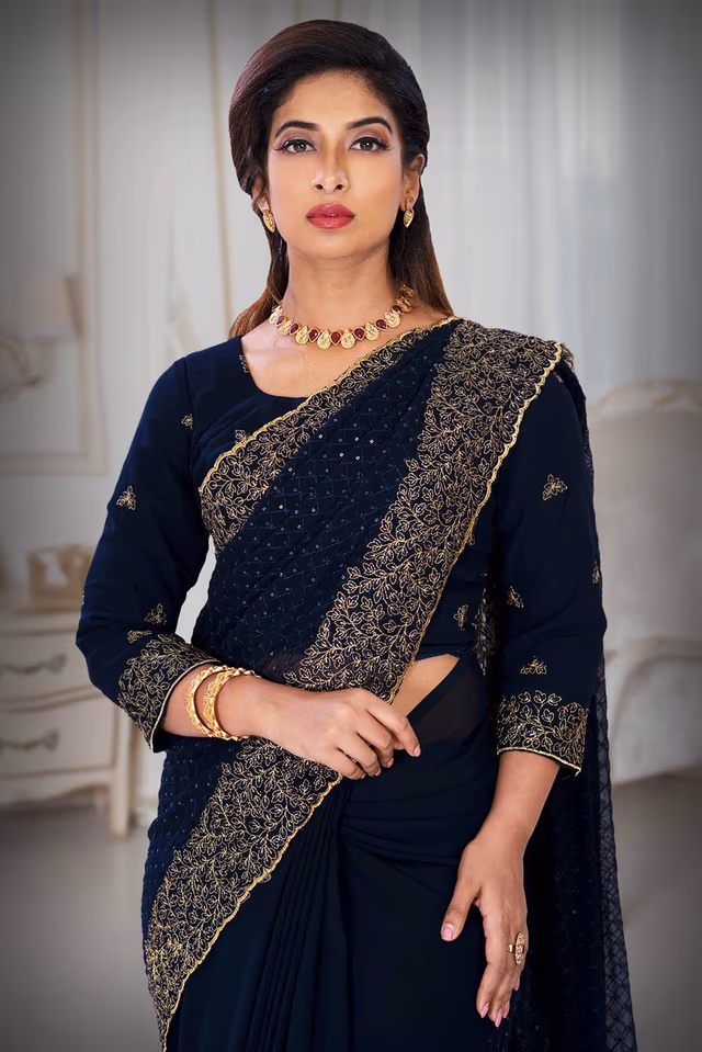 Dark Blue Georgette  Saree — rent in Calicut