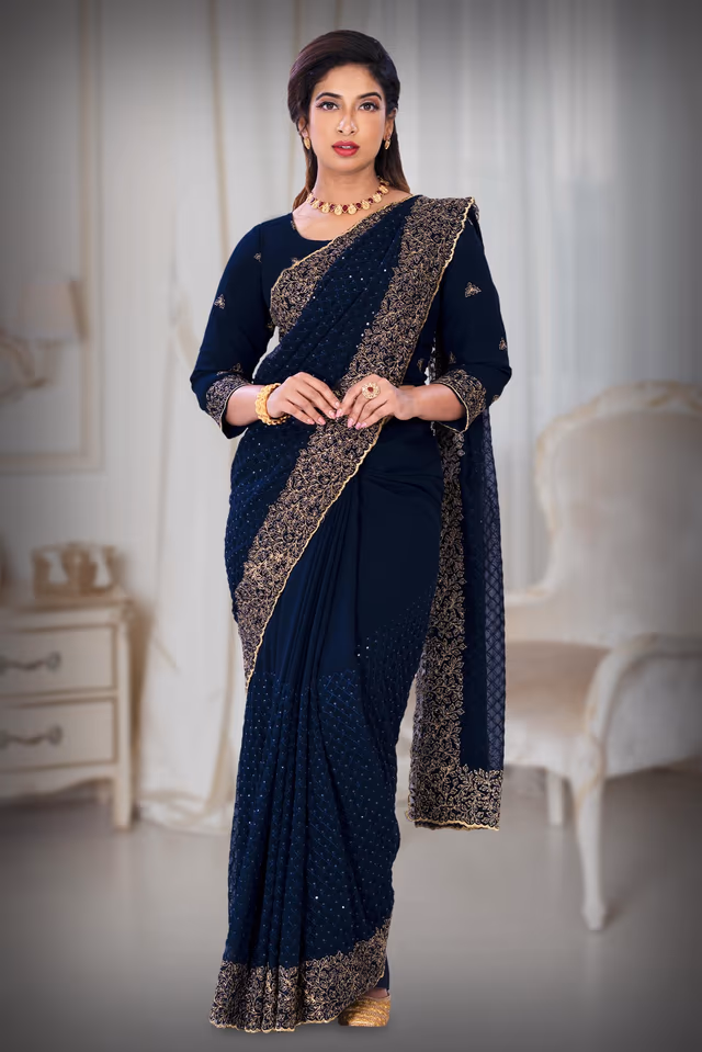 Dark Blue Georgette  Saree — back view, rent in Calicut