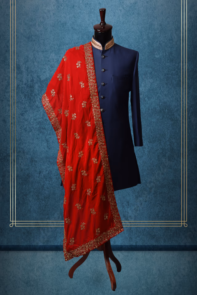 Bright Red And Golden Motif Embellished Grooms Shawl — rent in Coimbatore