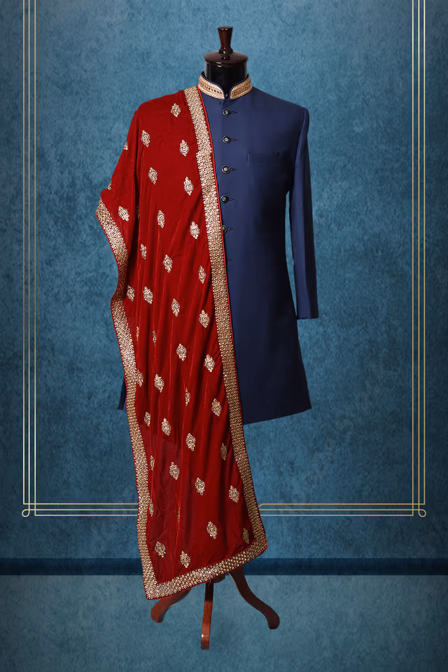 Cherry Red Classic Grooms Shawl With Golden Motif Details — rent in Coimbatore