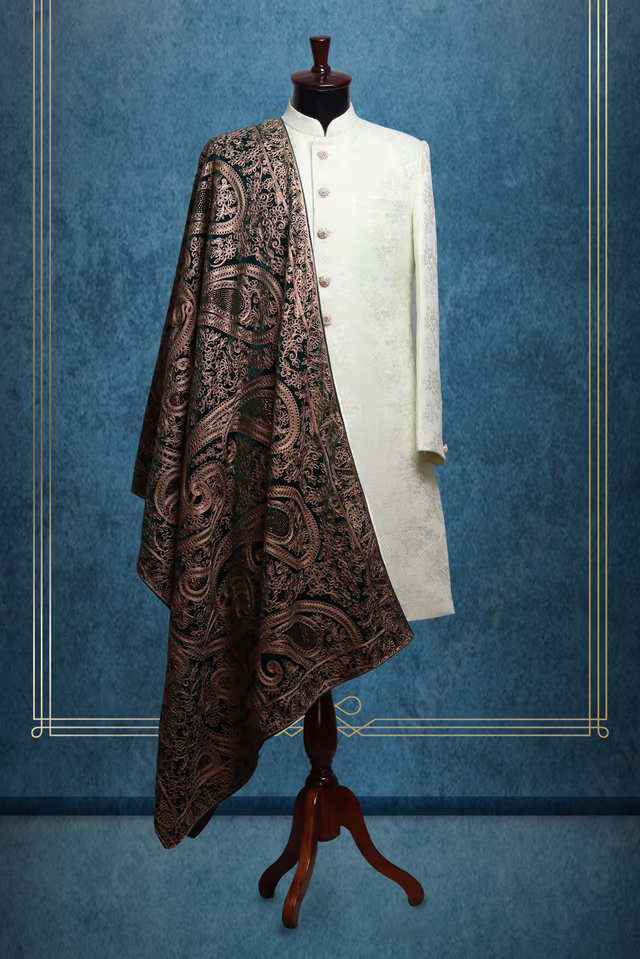 Dark Bottle Green Grooms Shawl With Heavy Detailed Beige Colour Work Details And Threadwork — rent in Calicut