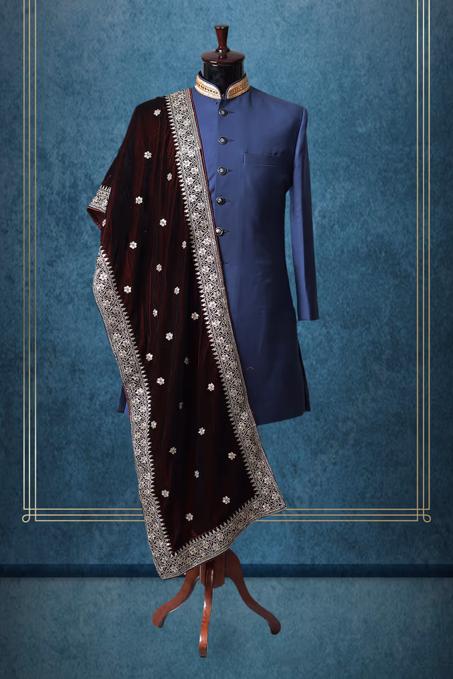 Dark Maroon Elegant Grooms Shawl With Golden Border Details — rent in Coimbatore