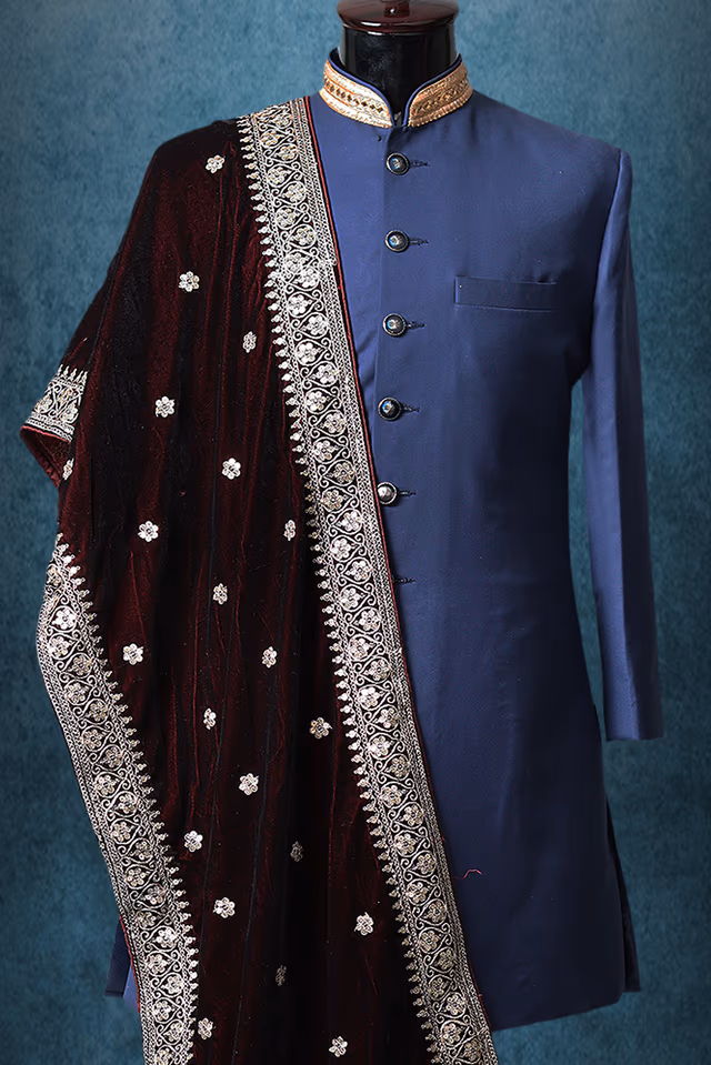 Dark Maroon Elegant Grooms Shawl With Golden Border Details — back view, rent in Coimbatore