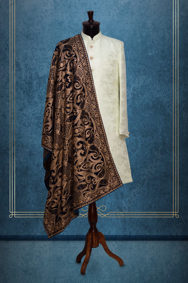 Dark Navy Blue Grooms Shawl With Heavy Detailed Beige Colour Work Details And Threadwork — rent in Calicut