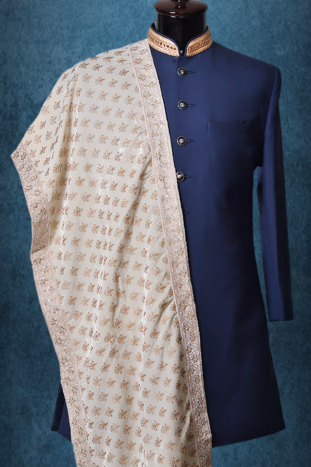 Ivory White Elegant Grooms Shawl With Golden Threadwork Details — back view, rent in Coimbatore