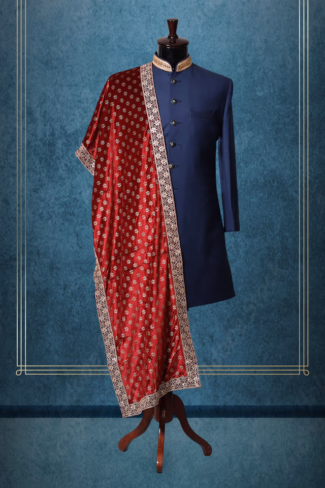 Maroon Heavy Embellished Grooms Shawl With Contrasing Border Details — rent in Coimbatore