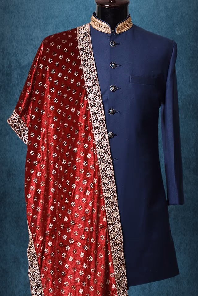 Maroon Heavy Embellished Grooms Shawl With Contrasing Border Details — back view, rent in Coimbatore