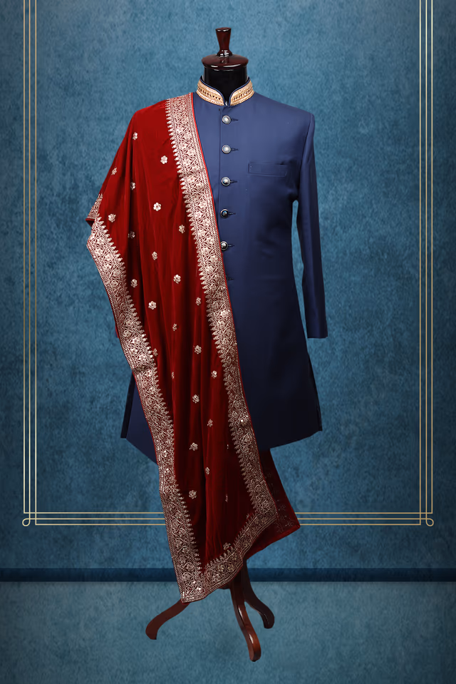 Maroon Grooms Shawl With Exquisite Golden Border Detailing And Golden Polka Dots — rent in Coimbatore