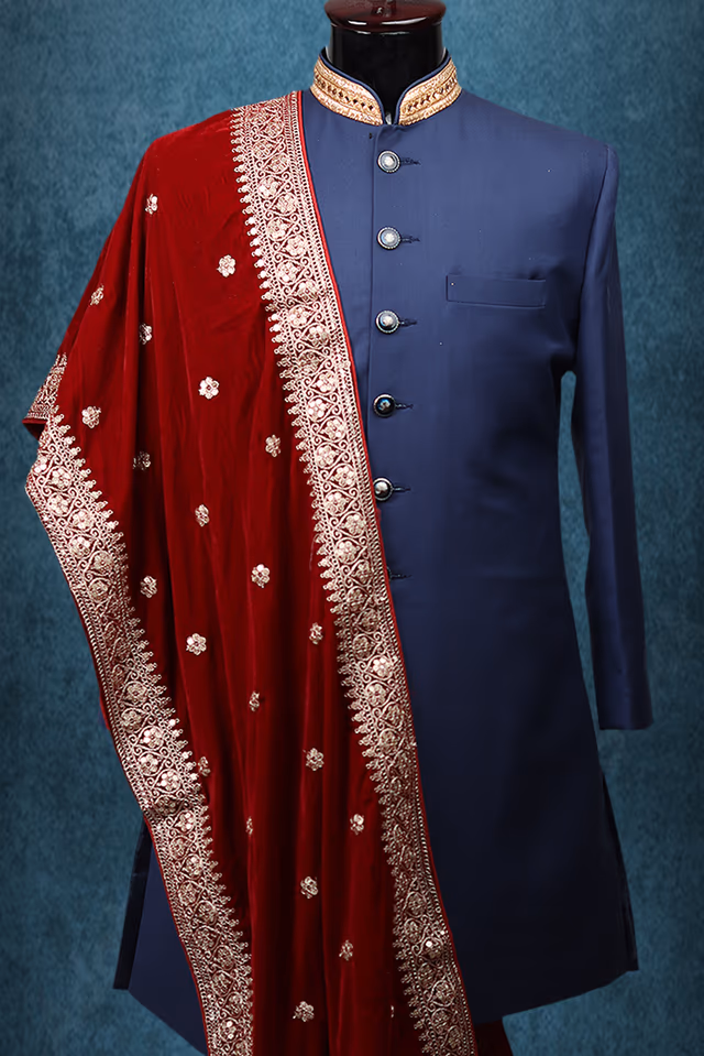 Maroon Grooms Shawl With Exquisite Golden Border Detailing And Golden Polka Dots — back view, rent in Coimbatore