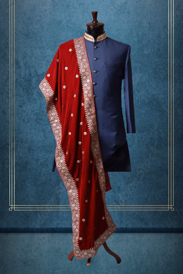 Maroon Grooms Shawl With Exquisite Golden Border Detailing And Miniature Threadwork Details — rent in Coimbatore