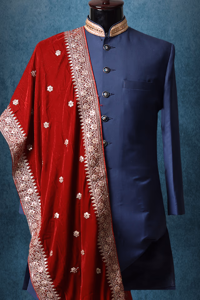 Maroon Grooms Shawl With Exquisite Golden Border Detailing And Miniature Threadwork Details — back view, rent in Coimbatore