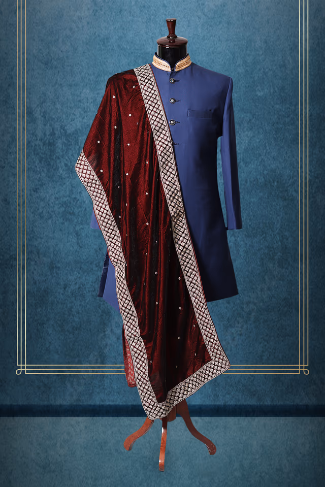 Maroon Elegant Grooms Shawl With Threadworked Border Detailing — rent in Coimbatore