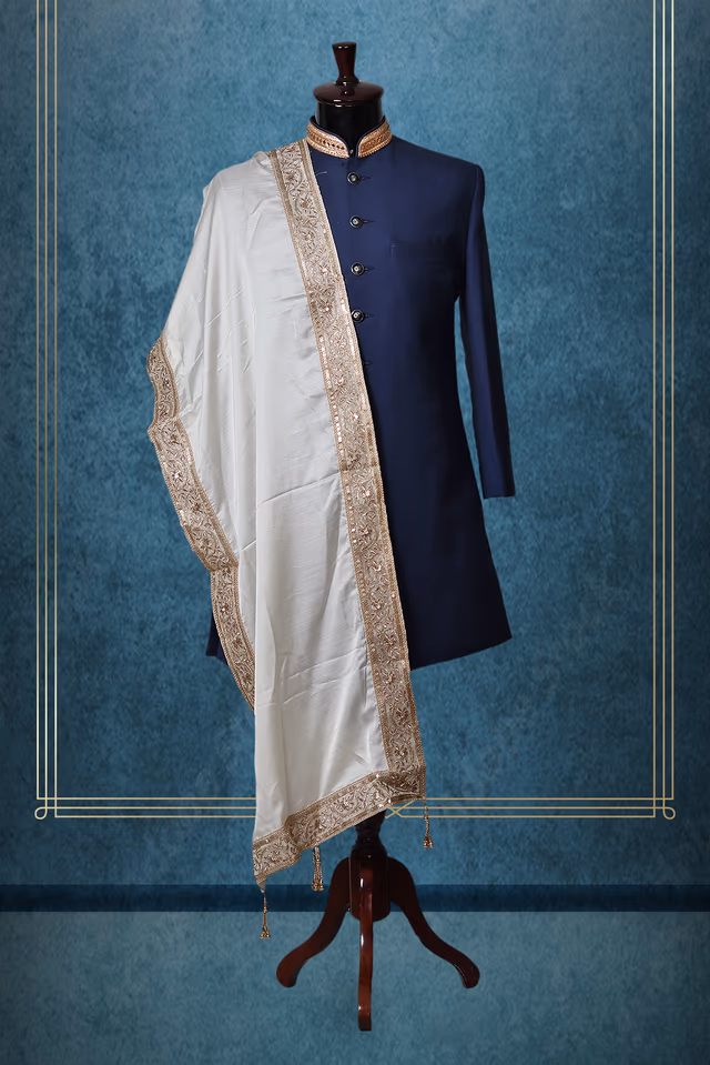 Pearl White Minimal Grooms Shawl With Golden Border Details — rent in Coimbatore