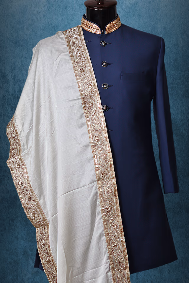 Pearl White Minimal Grooms Shawl With Golden Border Details — back view, rent in Coimbatore
