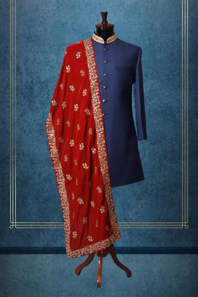 Red Classic Grooms Shawl With Golden Motif Details — rent in Coimbatore