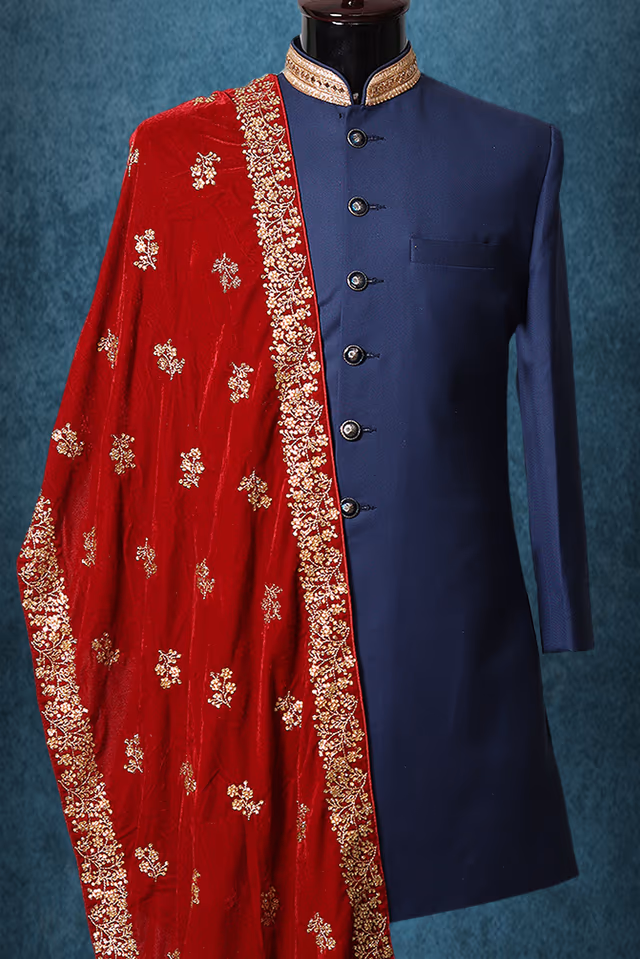 Red Classic Grooms Shawl With Golden Motif Details — back view, rent in Coimbatore
