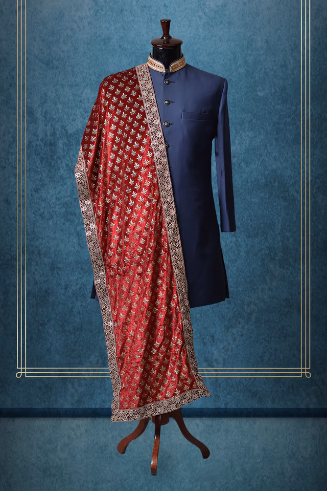 Red Heavy Threadworked Grooms Shawl — rent in Coimbatore