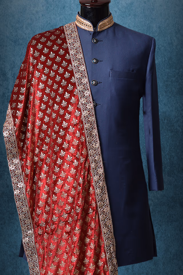 Red Heavy Threadworked Grooms Shawl — back view, rent in Coimbatore