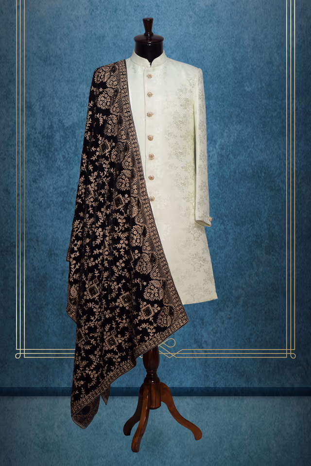 Solid Black Grooms Shawl With Heavy Detailed Beige Colour Work Details — rent in Calicut