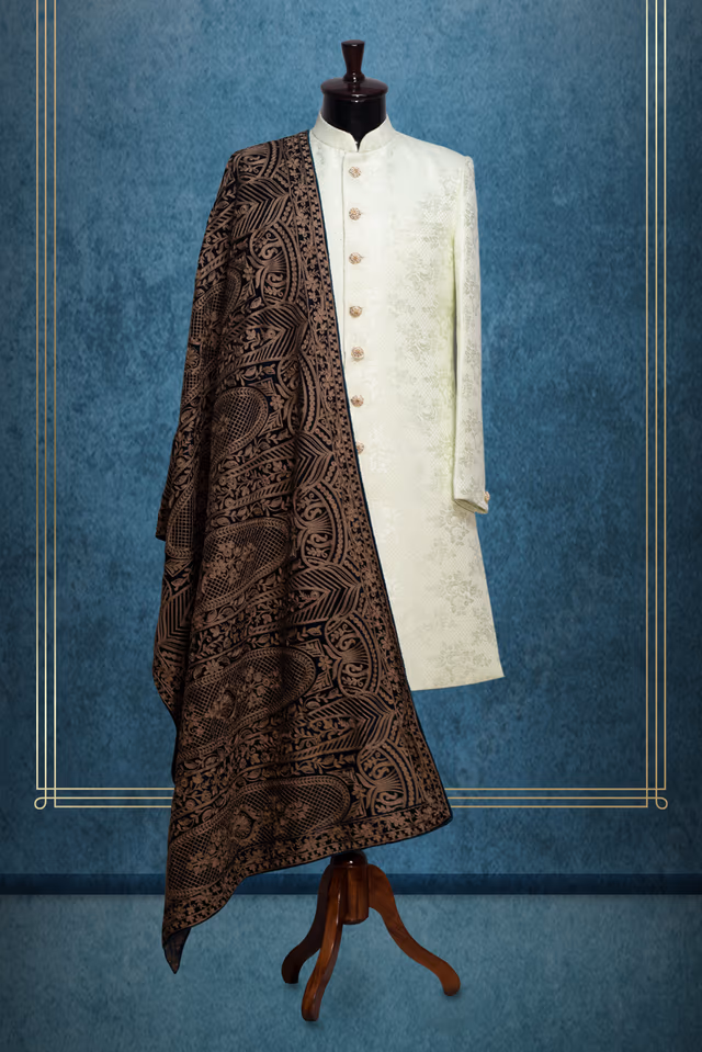 Heavy Thread worked Dark Green Grooms Shawl — rent in Calicut