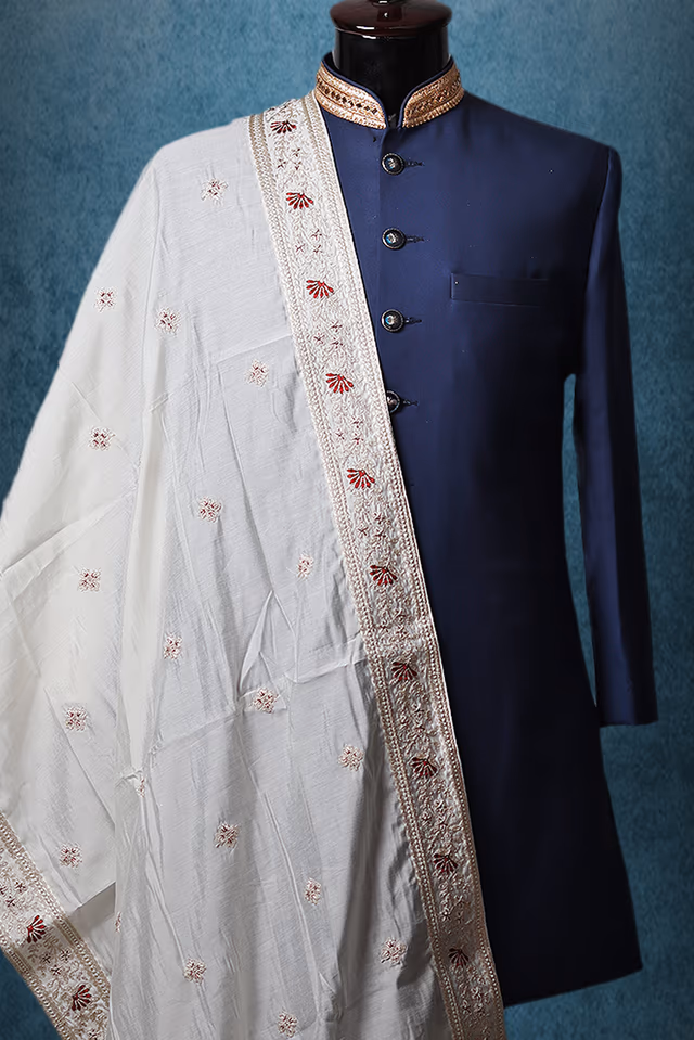 White Minimal Threadworked Grooms Shawl With Golden Details — back view, rent in Coimbatore
