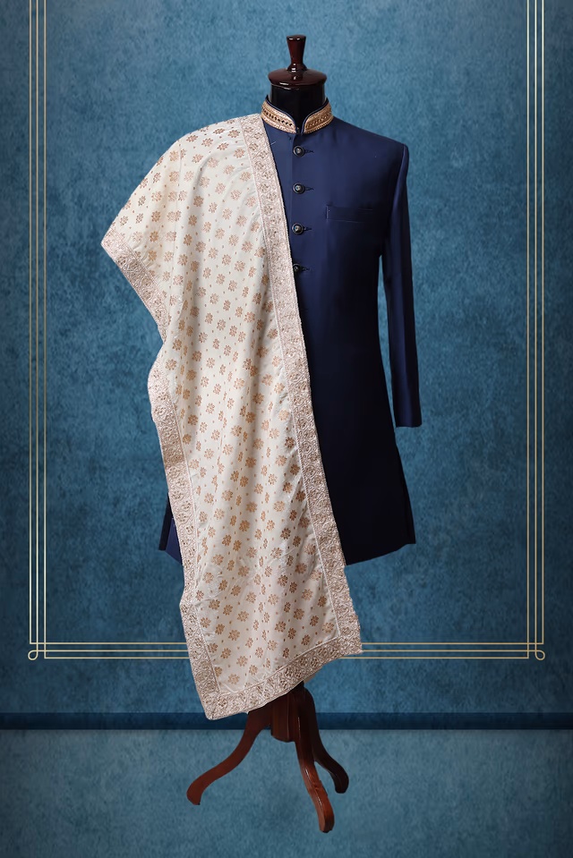 White Heavy Threadworked Grooms Shawl — rent in Coimbatore