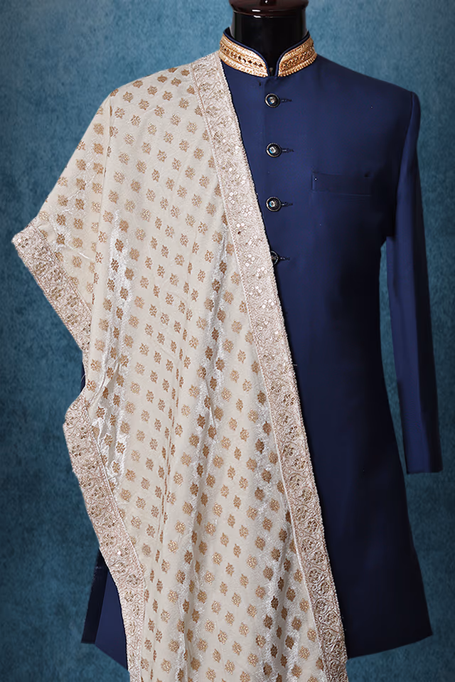 White Heavy Threadworked Grooms Shawl With Uniform Deatiling All Over The Body — back view, rent in Coimbatore