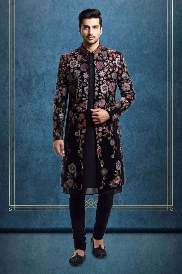 Black 2 pc Sherwani With Multicolor Floral Threadwork Details — rent in Calicut
