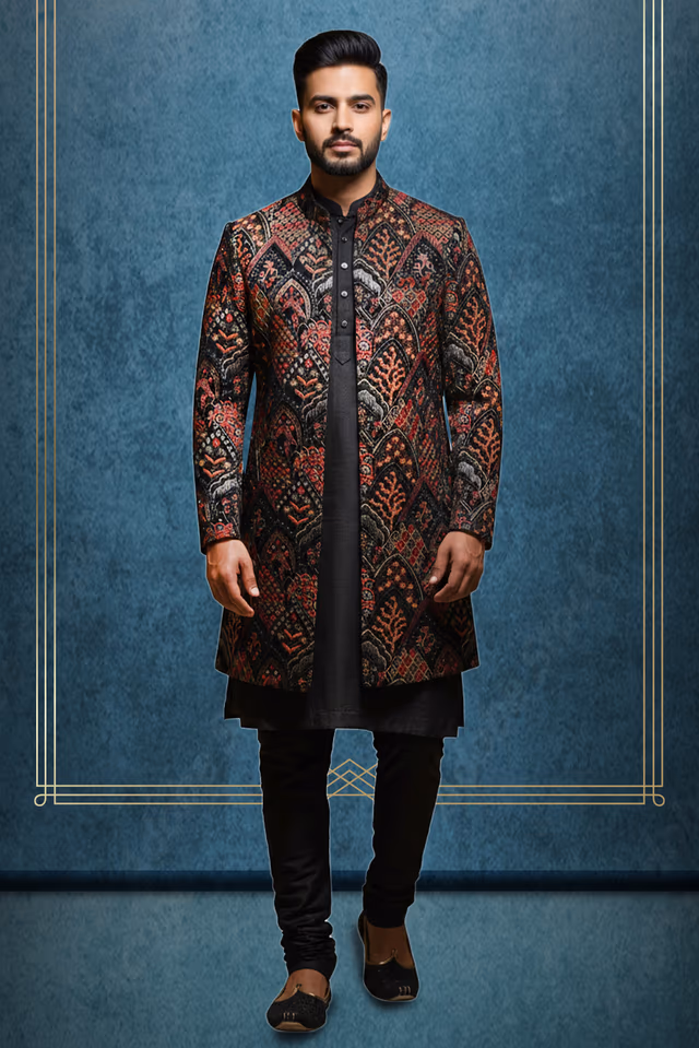 Black 2 pc Sherwani With Multicolor Threadwork Details — rent in Calicut