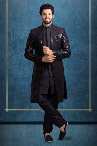 Black Charming Jacket Sherwani — rent in Bangalore