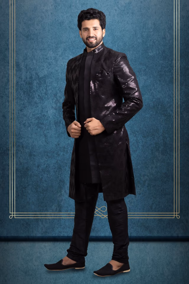 Black Charming Jacket Sherwani — back view, rent in Bangalore