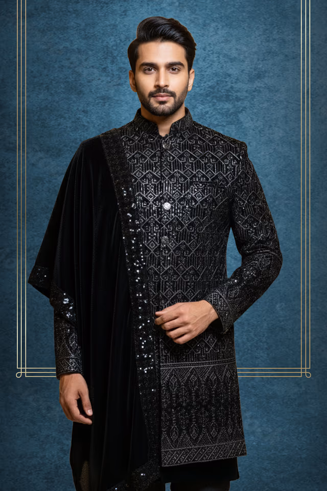 Contemporary Black Sherwani Adorned With Intricate Silver Geometric Thread Work Arranged In A… — back view, rent in Calicut