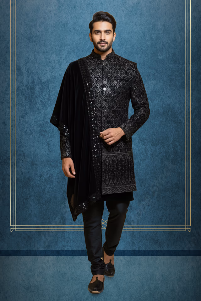 Contemporary Black Sherwani Adorned With Intricate Silver Geometric Thread Work Arranged In A Structured… — rent in Calicut