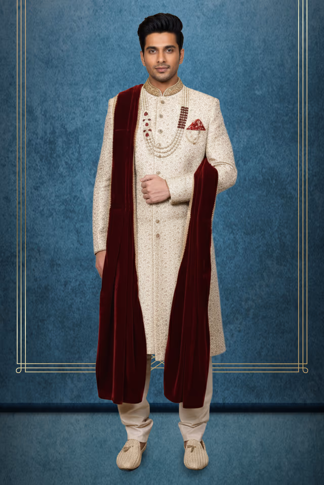 Cream and Gloden Embroidered Sherwani with Maroon Velvet Stole — rent in Kochi