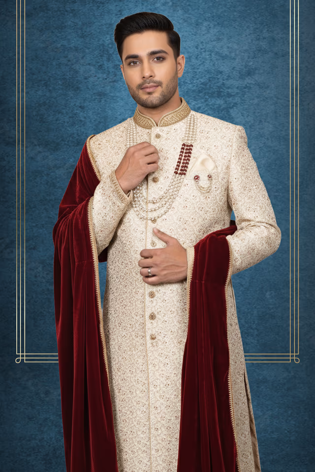 Cream and Gloden Embroidered Sherwani with Maroon Velvet Stole — back view, rent in Kochi