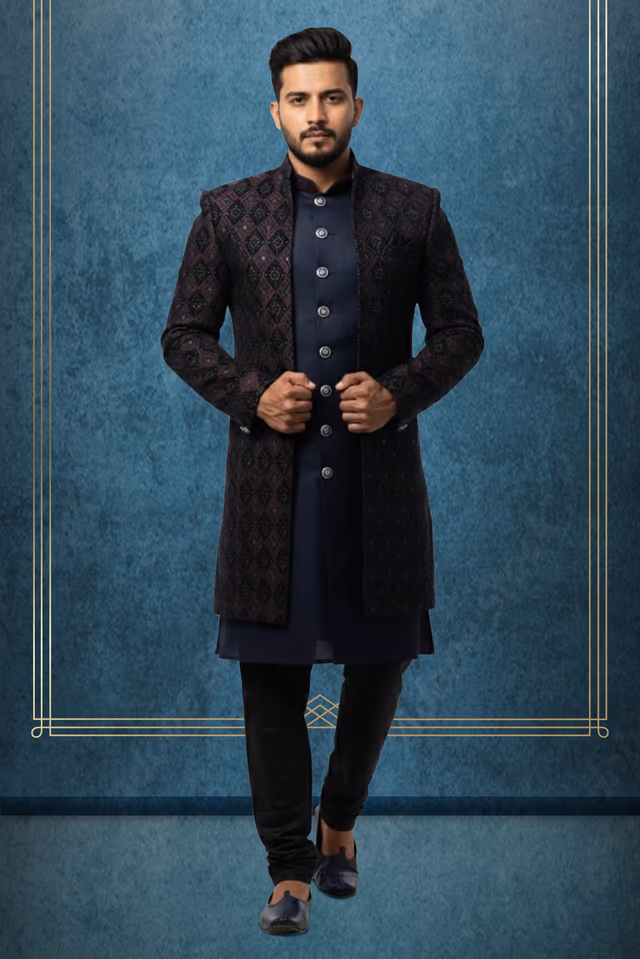 Dark Maroon 2 Pc Sherwani With Black Inner Kurtha And Pyjama Pant — rent in Calicut