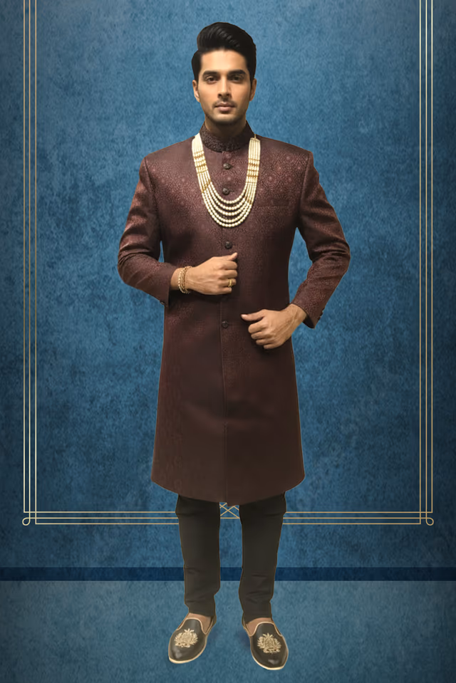 Dark Wine Sherwani , Designed jacquard weave  with Embellished Buttons and Pants — rent in Coimbatore